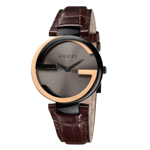 Gucci Interlocking-G Brown Leather Strap Black Dial Quartz Watch for Ladies - GUCCI YA 133304
