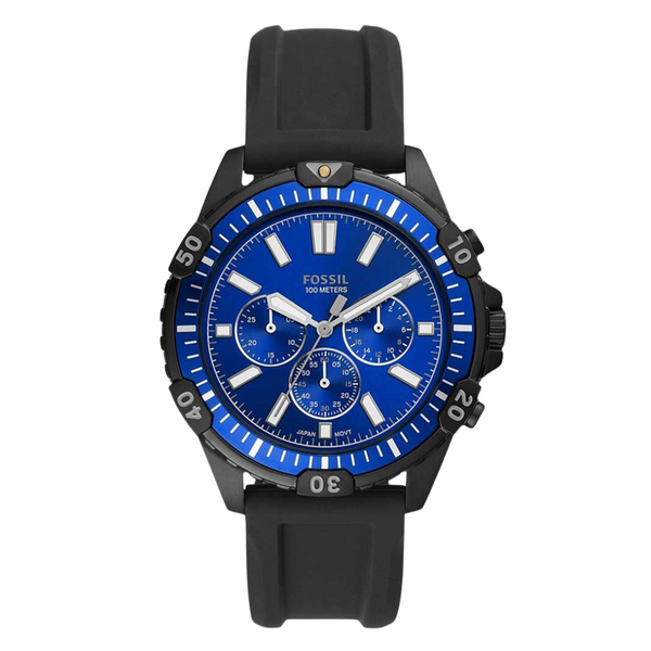 Fossil Garrett Black Silicone Strap Blue Dial Chronograph Quartz Watch for Gents - FS5695