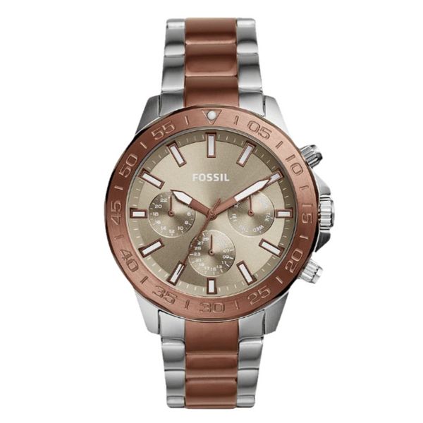 Fossil Bannon Multifunction Two-tone Stainless Steel Brown Dial Chronograph Quartz Watch for Gents - BQ2502