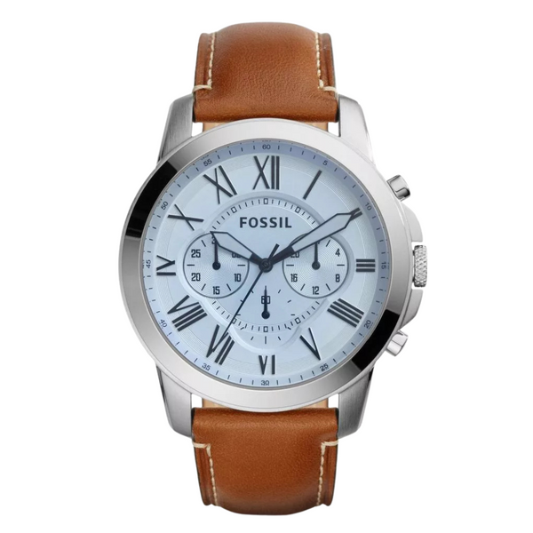 Fossil Grant Brown Leather Strap Silver Dial Chronograph Quartz Watch for Gents - FS5184