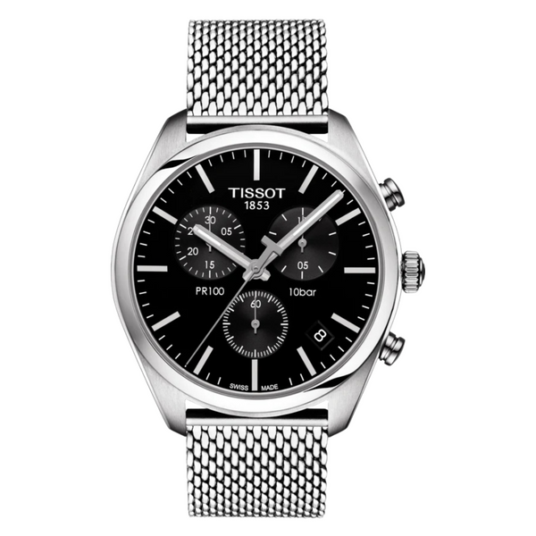 Tissot T-Classic PR 100 Silver Mesh Bracelet Black Dial Chronograph Quartz Watch for Men's - T101.417.11.051.01