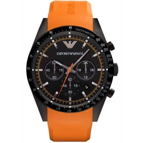 EMPORIO ARMANI Sportivo Orange Rubber Strap Black Dial Chronograph Quartz Watch for Gents - AR5987