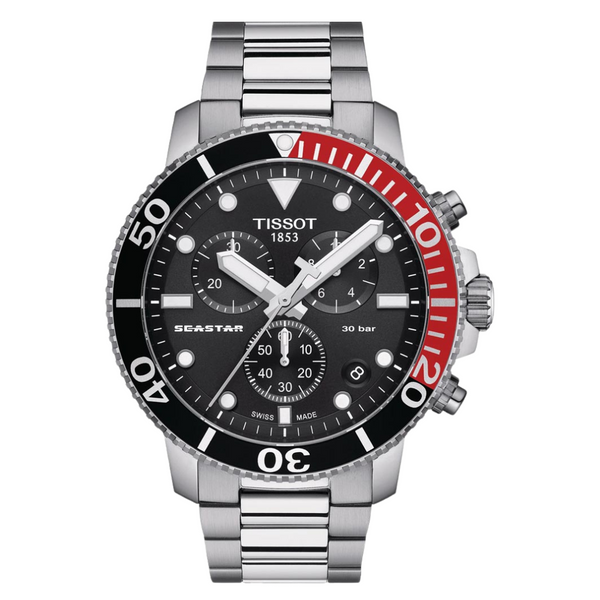 Tissot Seastar. Silver Stainless Steel Black Dial Chronograph Quartz Watch for Men's - T120.417.11.051.01
