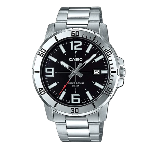Casio Silver Stainless Steel Black Dial Quartz Watch for Gents - MTP-VD01D-1BVUDF(AG)