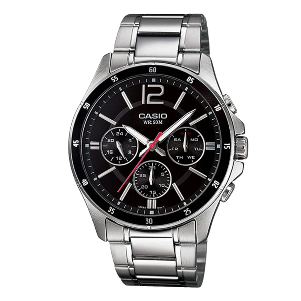 Casio Silver Stainless Steel Black Dial Chronograph Quartz Watch for Gents - MTP-1374D-1AVDF(AG)