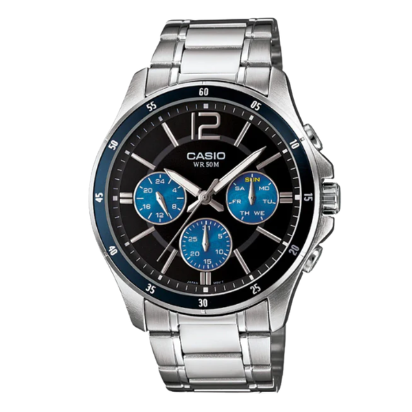 Casio Silver Stainless Steel Black Dial Chronograph Quartz Watch for Gents - MTP-1374D-2AVDF(AG)