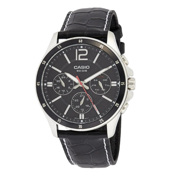 Casio Enticer Black Leather Strap Black Dial Chronograph Quartz Watch for Gents - MTP-1374L-1AVDF