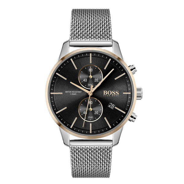 HUGO BOSS Associate Silver Stainless Steel Black Dial Chronograph Quartz Watch for Gents - 1513805