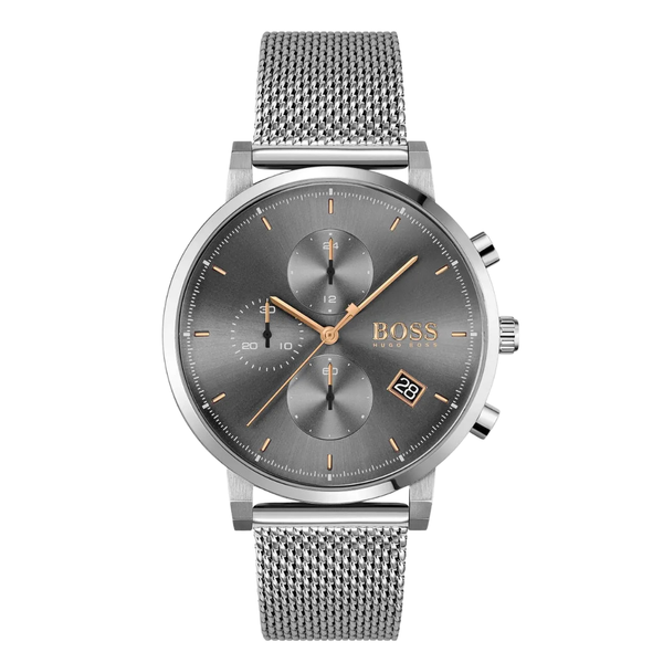 HUGO BOSS Integrity Silver Mesh Bracelet Black Dial Chronograph Quartz Watch for Gents - 1513807