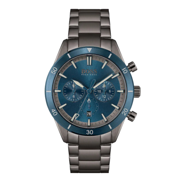 HUGO BOSS Santiago Grey Stainless Steel Blue Dial Chronograph Quartz Watch for Gents - 1513863