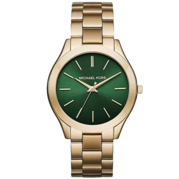 Michael Kors Slim Runway Gold Stainless Steel Green Dial Quartz Watch for Ladies - MK3435