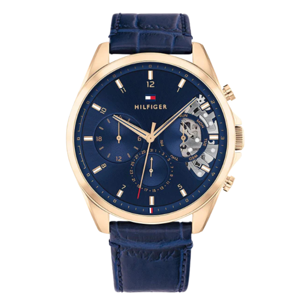 Tommy Hilfiger Baker Blue Leather Strap Blue Dial Chronograph Quartz Watch for Gents - 1710451