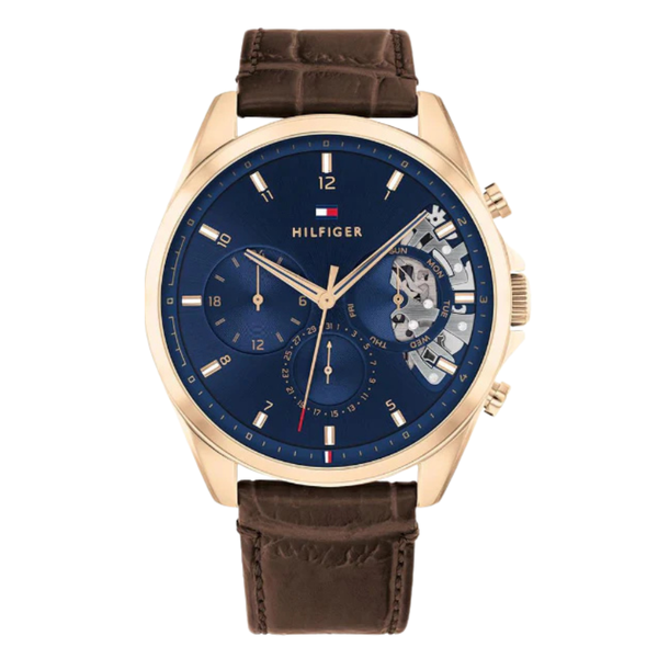 Tommy Hilfiger Baker Brown Leather Strap Blue Dial Chronograph Quartz Watch for Gents - 1710453