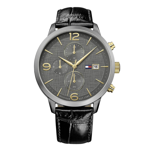 Tommy Hilfiger Liam Black Leather Strap Grey Dial Chronograph Quartz Watch for Gents - 1710357