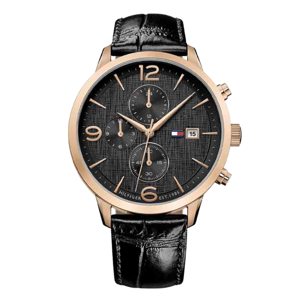 Tommy Hilfiger Liam Black Leather Strap Black Dial Chronograph Quartz Watch for Gents - 1710358