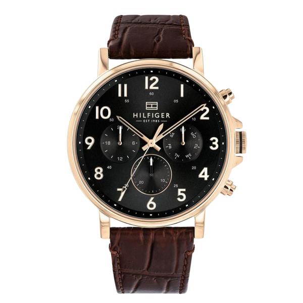 Tommy Hilfiger Daniel Brown Leather Strap Black Dial Chronograph Quartz Watch for Gents - 1710379