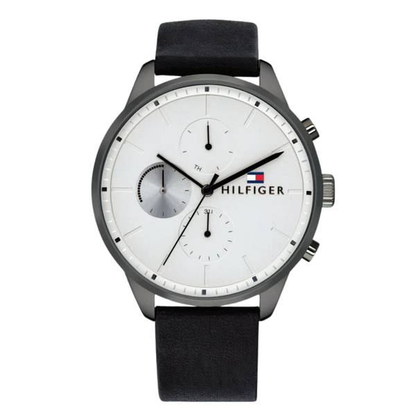 Tommy Hilfiger Chase Black Leather Strap White Dial Chronograph Quartz Watch for Gents - 1791489