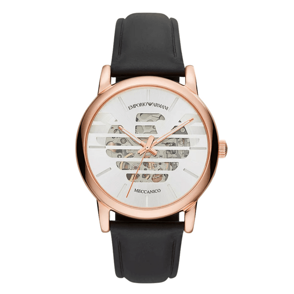 EMPORIO ARMANI Meccanico Black Leather Strap White Dial Automatic Watch for Gents - AR60031