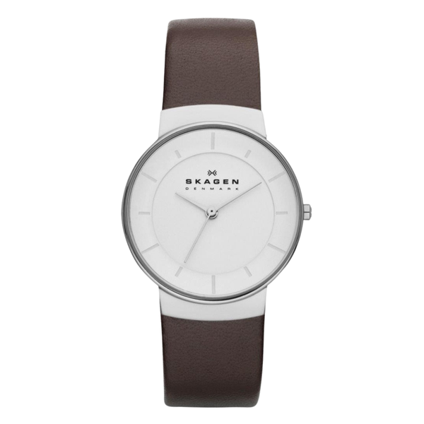Skagen Brown Leather Strap White Dial Quartz Watch for Ladies - SKW2058
