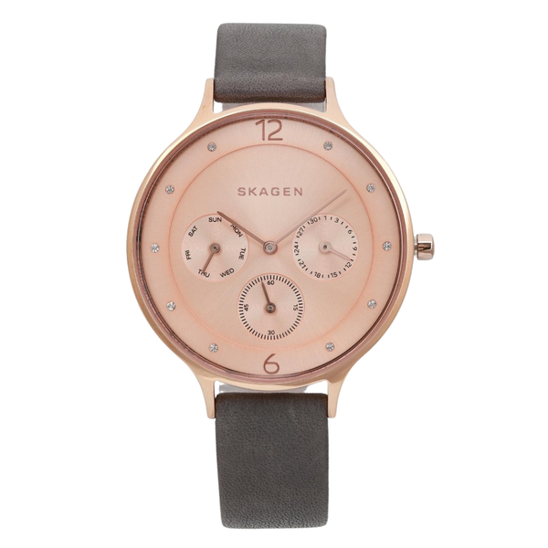 Skagen Anita Grey Leather Strap Rose Gold Dial Quartz Watch for Ladies - SKW 2392