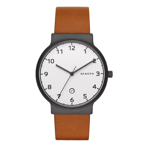 Skagen Ancher Brown Leather Strap White Dial Quartz Watch for Gents - SKW6297