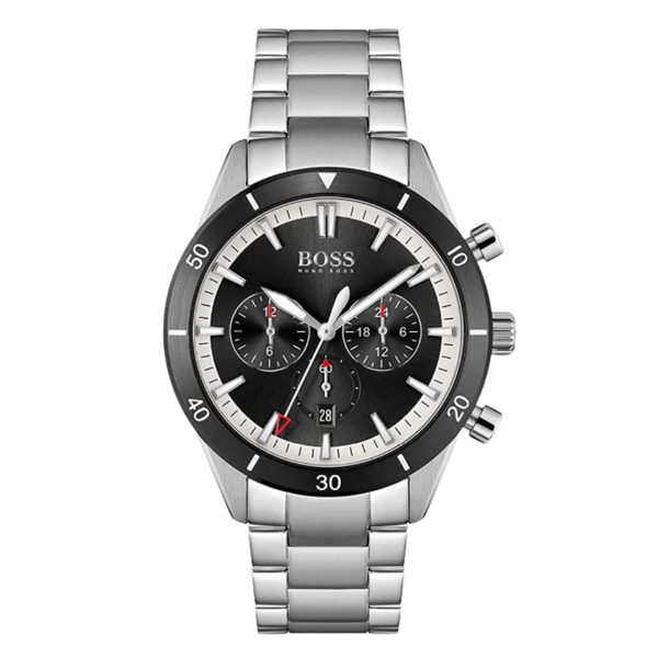 HUGO BOSS Santiago Silver Stainless Steel Black Dial Chronograph Quartz Watch for Gents - 1513862