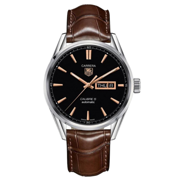 Tag Heuer Carrera Calibre 5 Brown Leather Strap Black Dial Automatic Watch for Gents - WAR201C.FC6291