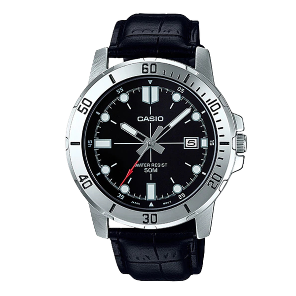 Casio Enticer Black Leather Strap Black Dial Quartz Watch for Gents - MTP-VD01L-1EVUDF
