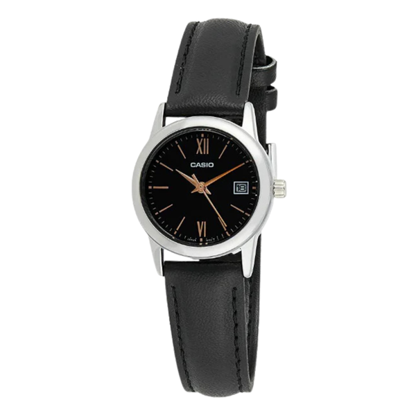 Casio Standard Black Leather Strap Black Dial Quartz Watch for Ladies - LTP-V002L-1B3UDF