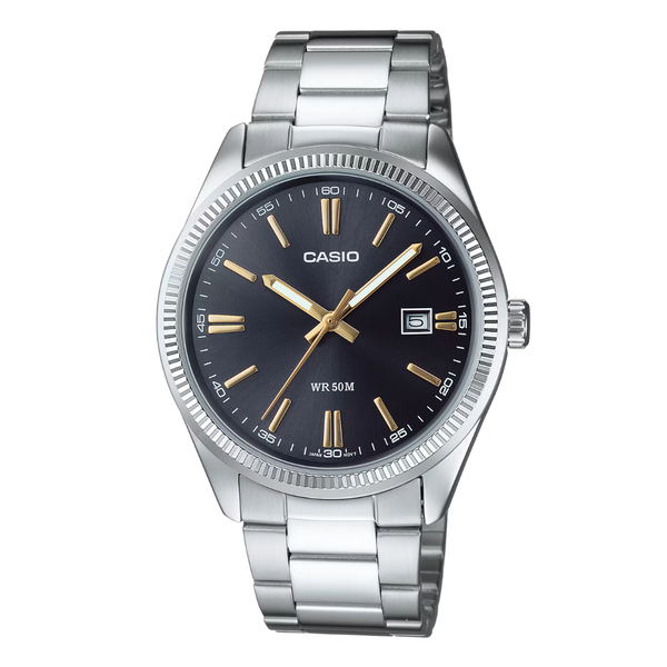 Casio Silver Stainless Steel Black Dial Quartz Watch for Gents - MTP-1302D-1A2VDF