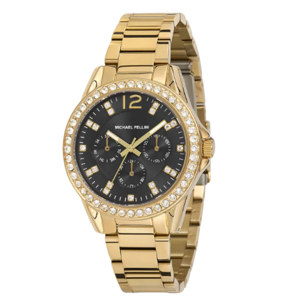 Michael Fellini Gold Stainless Steel Black Dial Quartz Watch for Ladies - MF2160-6
