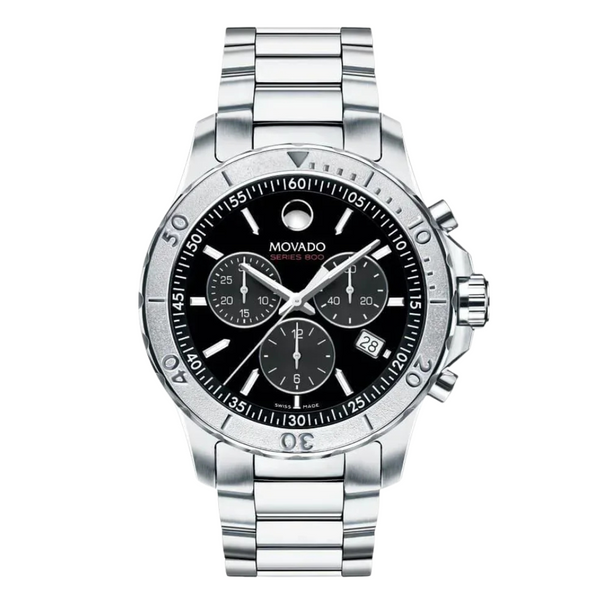 Movado 800 Series Silver Stainless Steel Black Dial Chronograph Quartz Watch for Gents - 2600110