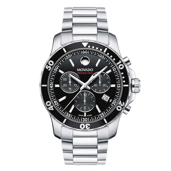 Movado 800 Series Silver Stainless Steel Black Dial Chronograph Quartz Watch for Gents - 2600142