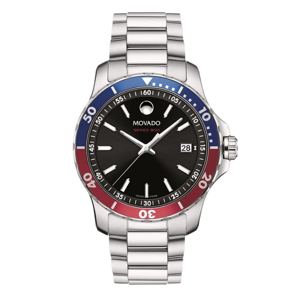 Movado 800 Series Silver Stainless Steel Black Dial Quartz Watch for Gents - 2600152
