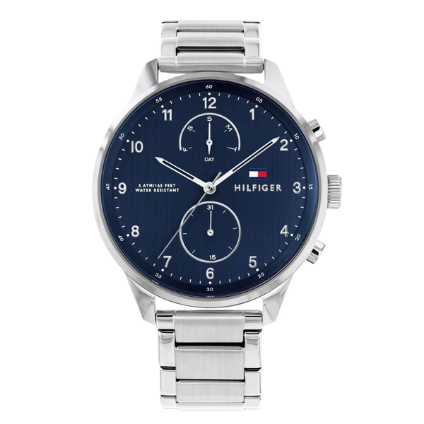 Tommy Hilfiger Chase Silver Stainless Steel Blue Dial Chronograph Quartz Watch for Gents - 1791575