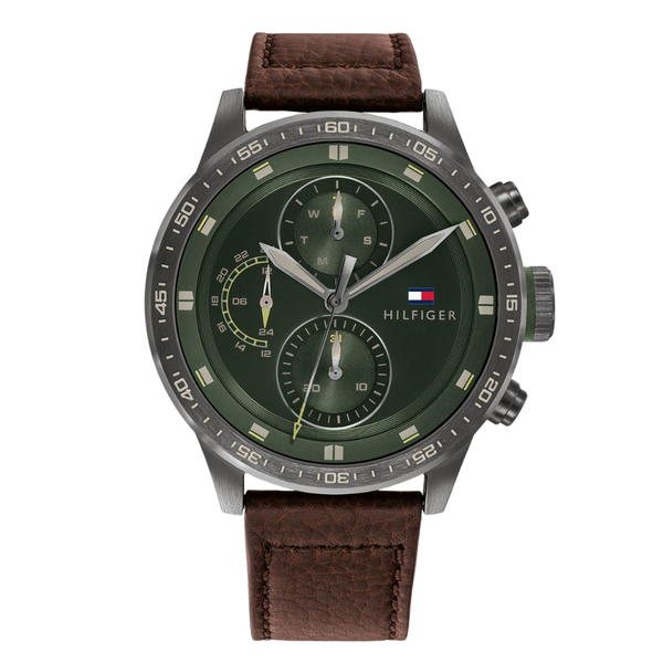 Tommy Hilfiger Trent Brown Leather Strap Green Dial Chronograph Quartz Watch for Gents - 1791809