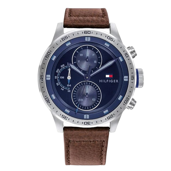 Tommy Hilfiger Trent Brown Leather Strap Blue Dial Chronograph Quartz Watch for Gents - 1791807