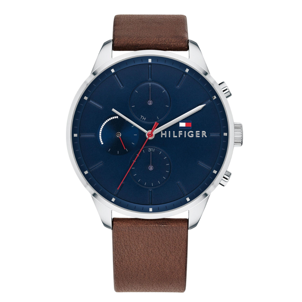 Tommy Hilfiger Chase Brown Leather Strap Blue Dial Chronograph Quartz Watch for Gents - 1791487