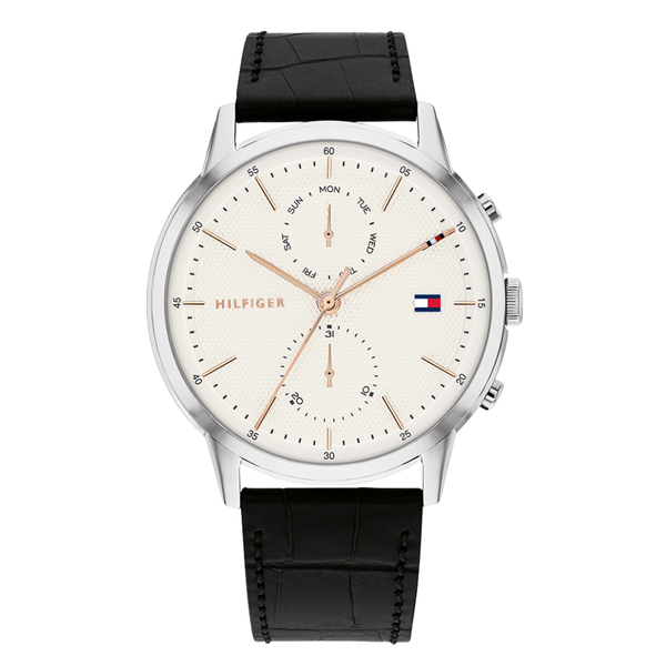 Tommy Hilfiger Easton Black Leather Strap Silver Dial Chronograph Quartz Watch for Gents - 1710434