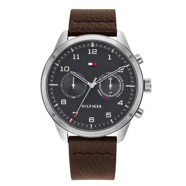 Tommy Hilfiger Patrick Brown Leather Strap Grey Dial Chronograph Quartz Watch for Gents - 1791785