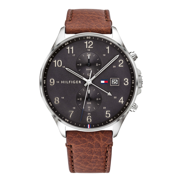 Tommy Hilfiger West Brown Leather Strap Black Dial Chronograph Quartz Watch for Gents - 1791710