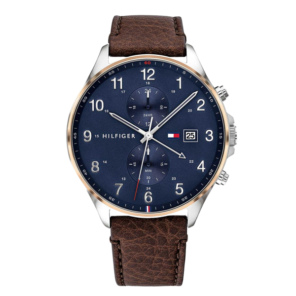 Tommy Hilfiger West Brown Leather Strap Blue Dial Chronograph Quartz Watch for Gents - 1791712