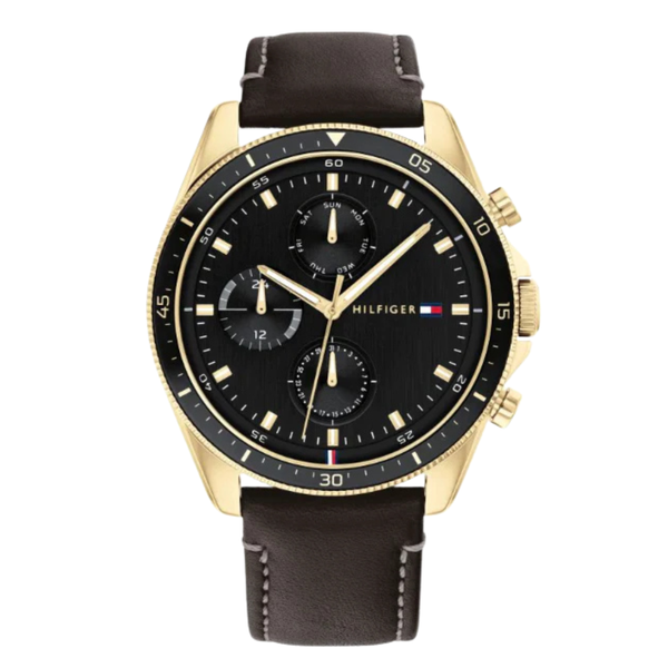 Tommy Hilfiger Parker Dark Brown Leather Strap Black Dial Chronograph Quartz Watch for Gents - 1791836
