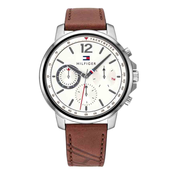 Tommy Hilfiger Landon Brown Leather Strap White Dial Chronograph Quartz Watch for Gents - 1791531