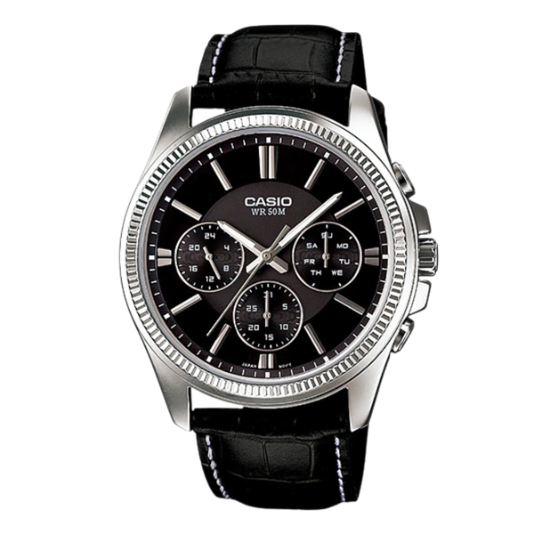 Casio Enticer Black Leather Strap Black Dial Chronograph Quartz Watch for Gents - MTP-1375L-1AVDF