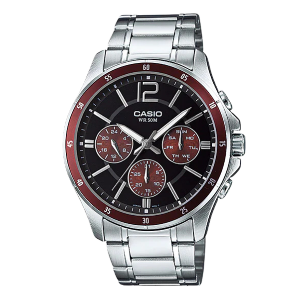 Casio Enticer Silver Stainless Steel Black Dial Chronograph Quartz Watch for Gents - MTP-1374D-5AVDF