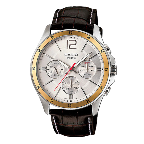 Casio Enticer Brown Leather Strap Silver Dial Chronograph Quartz Watch for Gents - MTP-1374L-7AVDF