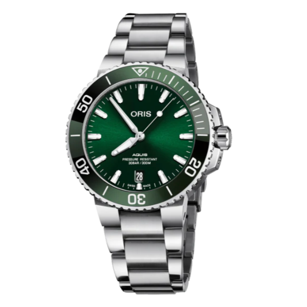 Oris Aquis Date Silver Stainless Steel Green Dial Automatic Watch for Gents - 01.733.7730.4157