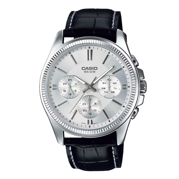 Casio Enticer Black Leather Strap Silver Dial Chronograph Quartz Watch for Gents - MTP-1375L-7AVDF