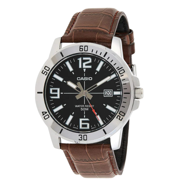 Casio Enticer Brown Leather Strap Black Dial Quartz Watch for Gents - MTP-VD01L-1BVUDF